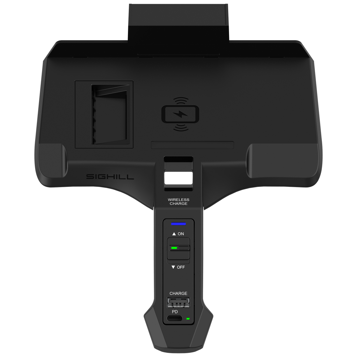 SIGHILL DOCK M5-F90/G wireless car charger unit mounted in a vehicle dashboard with charging cable attached.