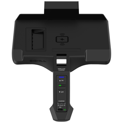 SIGHILL DOCK M5-F90/G wireless car charger unit mounted in a vehicle dashboard with charging cable attached.