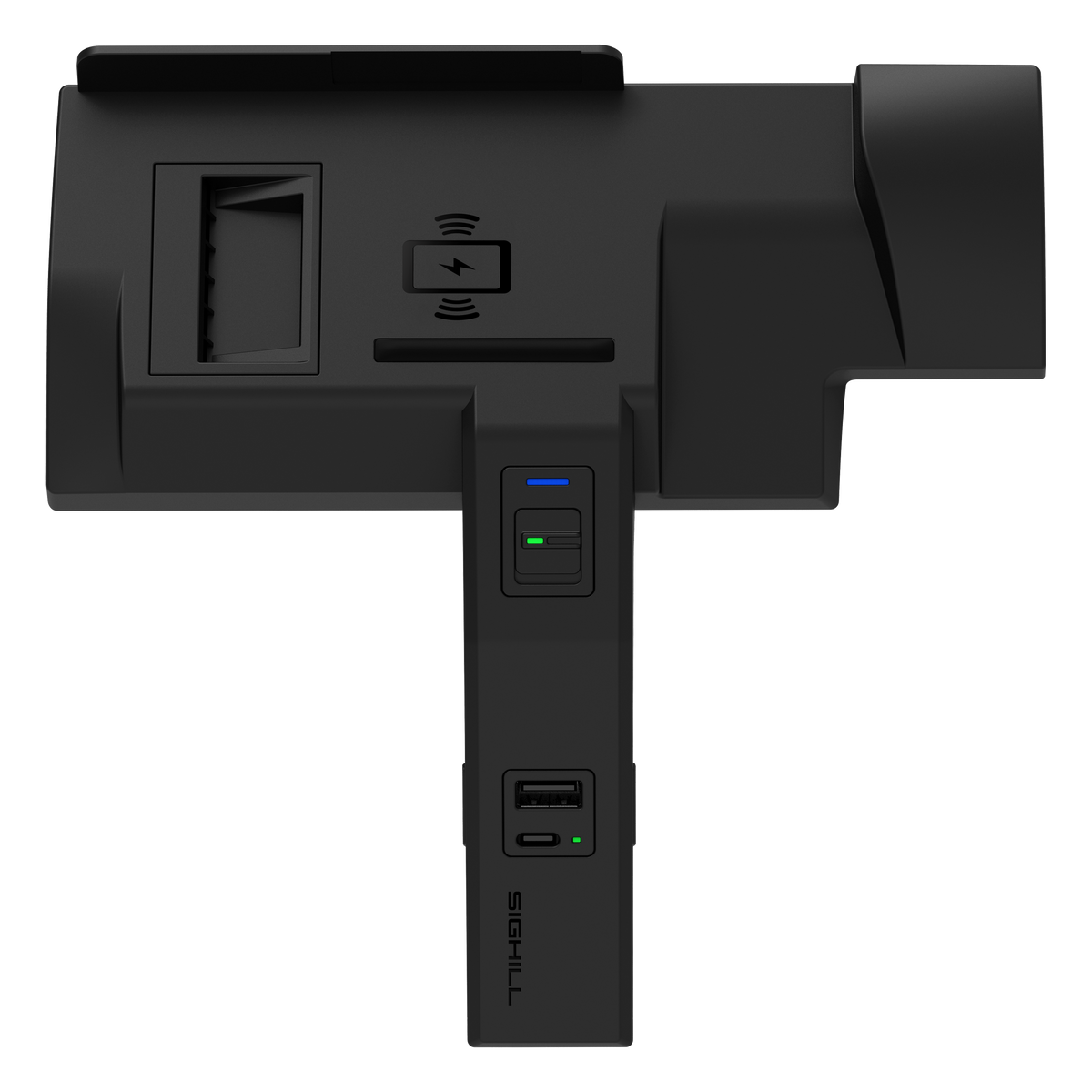 SIGHILL DOCK X3G wireless vehicle charger mounted in a custom car, showcasing sleek design and charging port integration.