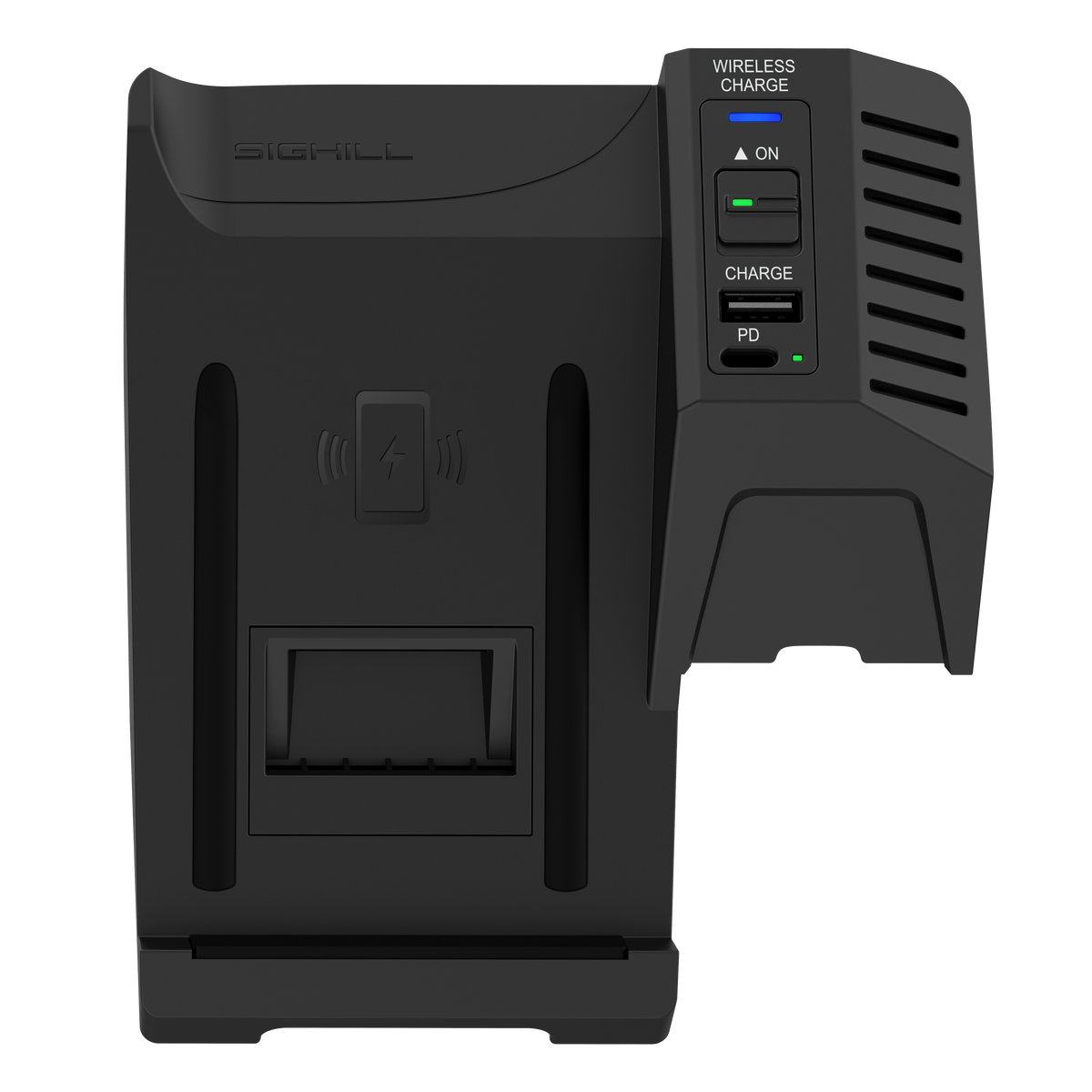 SIGHILL DOCK S4 wireless charger for custom vehicle, mounted in car with charging pad and sleek design.
