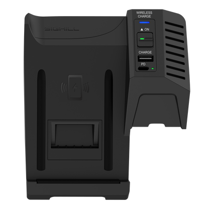 SIGHILL DOCK S4 wireless charger for custom vehicle, mounted in car with charging pad and sleek design.