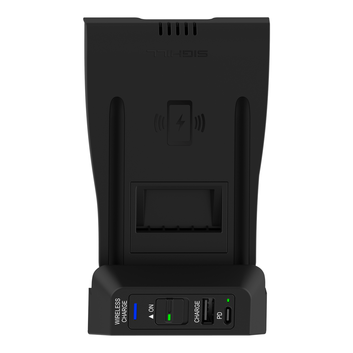 SIGHILL Dock Spa wireless charger mounted in a custom vehicle, showcasing sleek design and compatibility with modern car interiors.