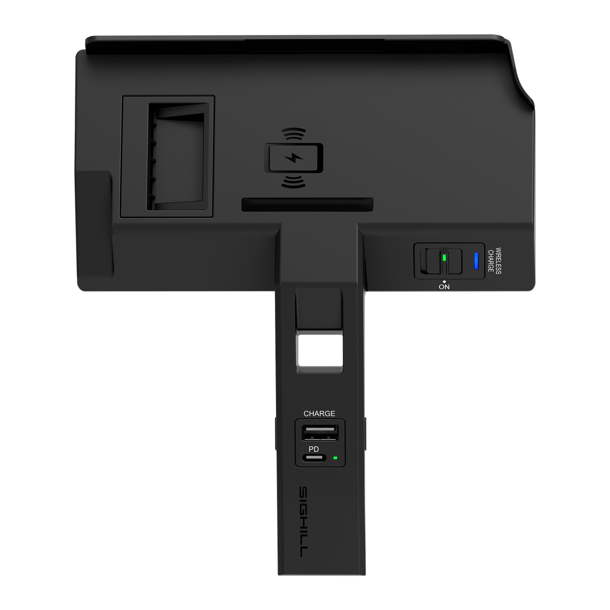 SIGHILL DOCK M4G wireless vehicle charger mounted in a custom car interior, designed for convenient charging on the go.