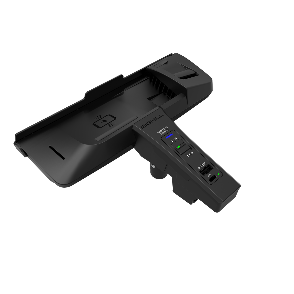 SIGHILL DOCK M2-F wireless charger custom vehicle unit mounted in a car interior for convenient device charging