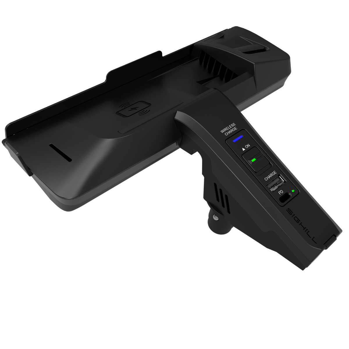 SIGHILL DOCK M2CS wireless charger custom vehicle unit mounted in car dashboard, with charging pad and sleek design.