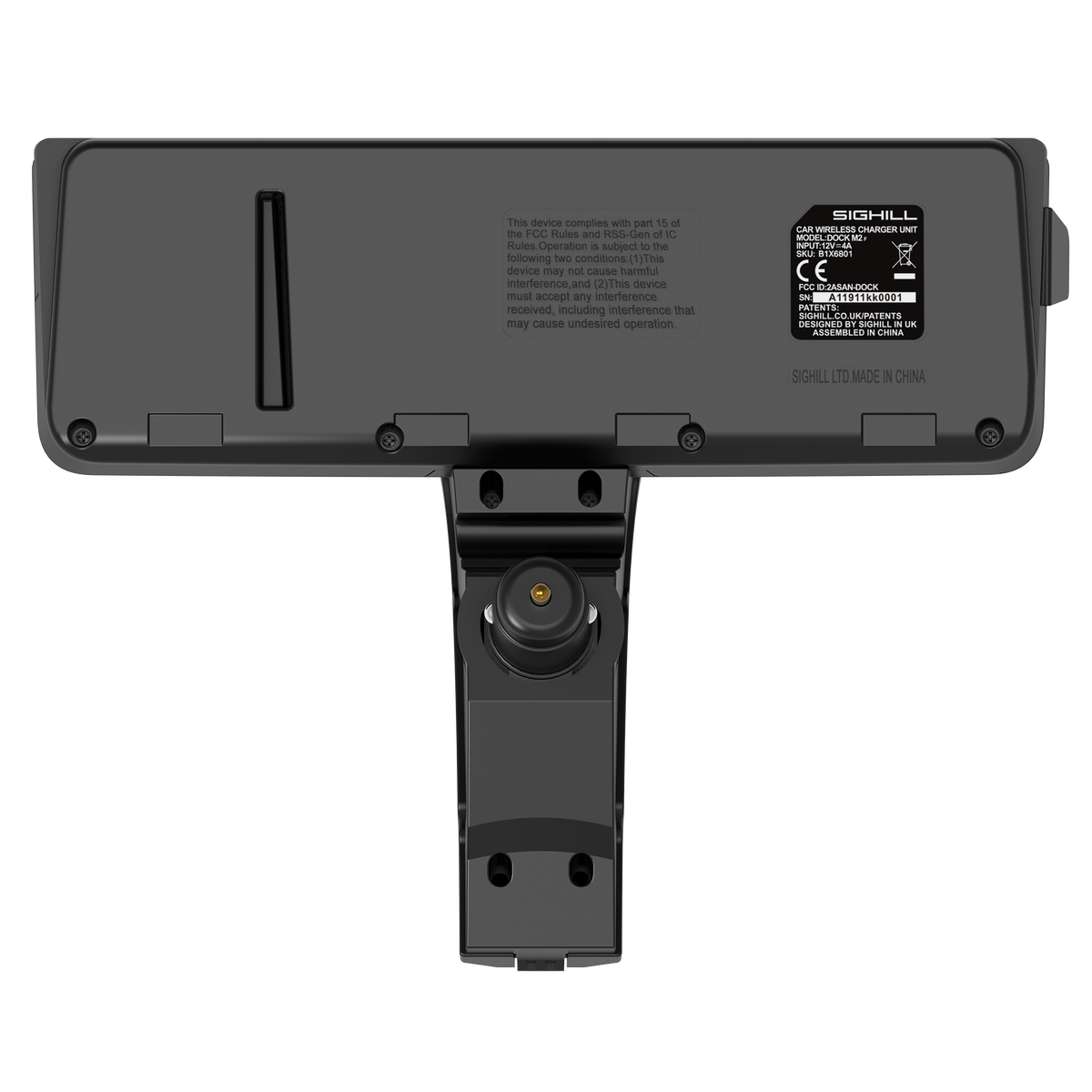 SIGHILL DOCK M2CS wireless charger custom vehicle unit mounted in a car interior with charging cable and dashboard display