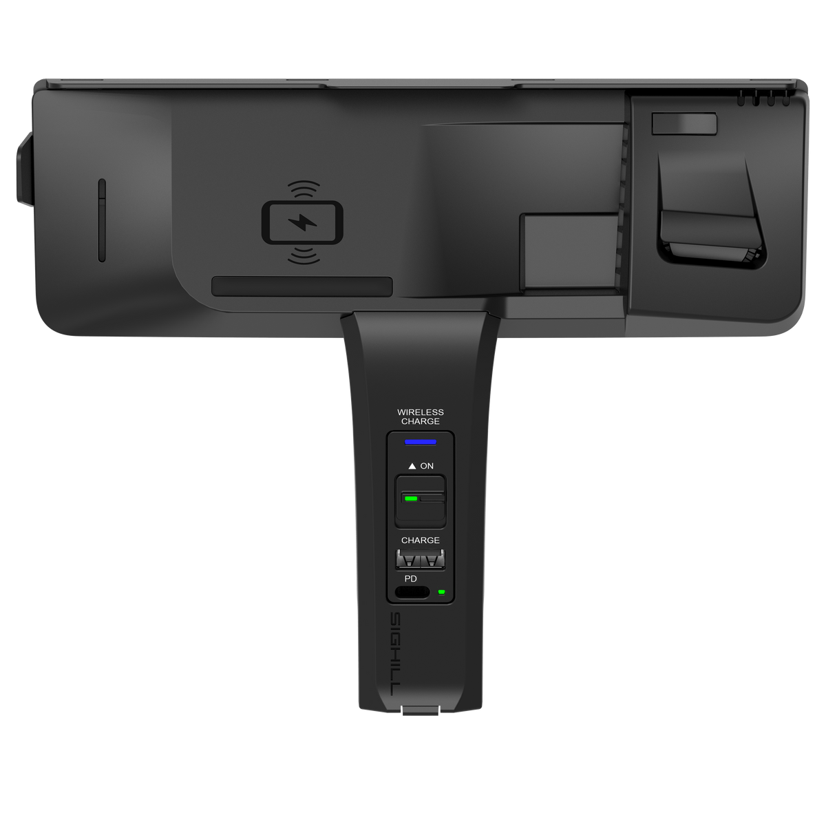 SIGHILL DOCK M2CS wireless charger custom vehicle unit mounted in a car dashboard, featuring sleek design and charging port.