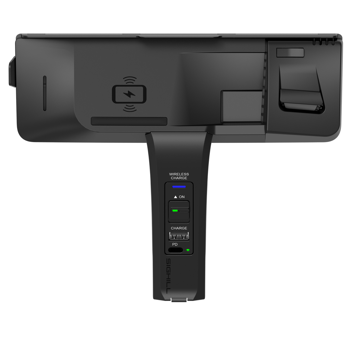 SIGHILL DOCK M2-F wireless charger custom vehicle unit mounted in a car interior, designed for convenient charging on the go